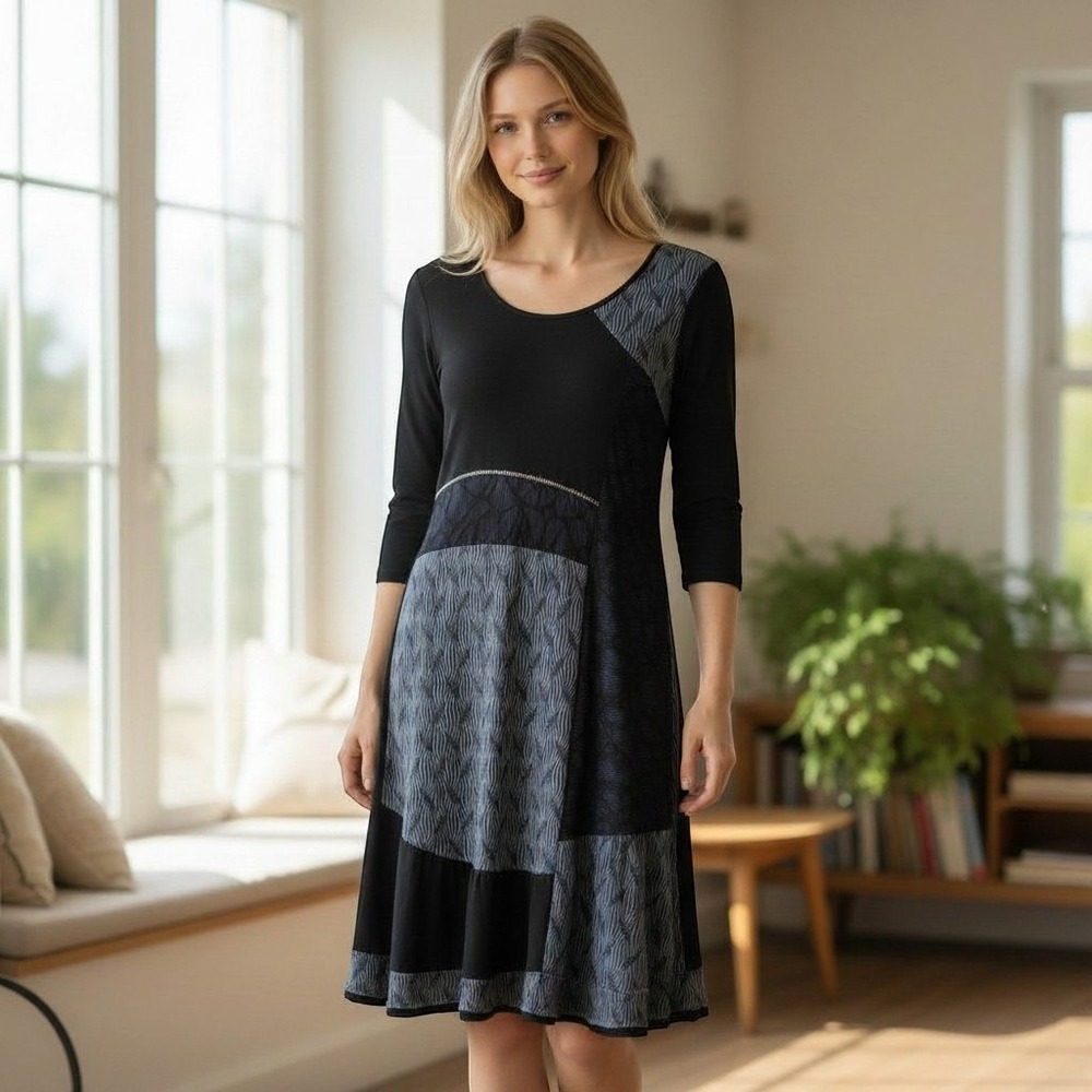 Dzhavael Couture Black Blue Patchwork 3/4 Sleeve Knee Length Dress NWT Large